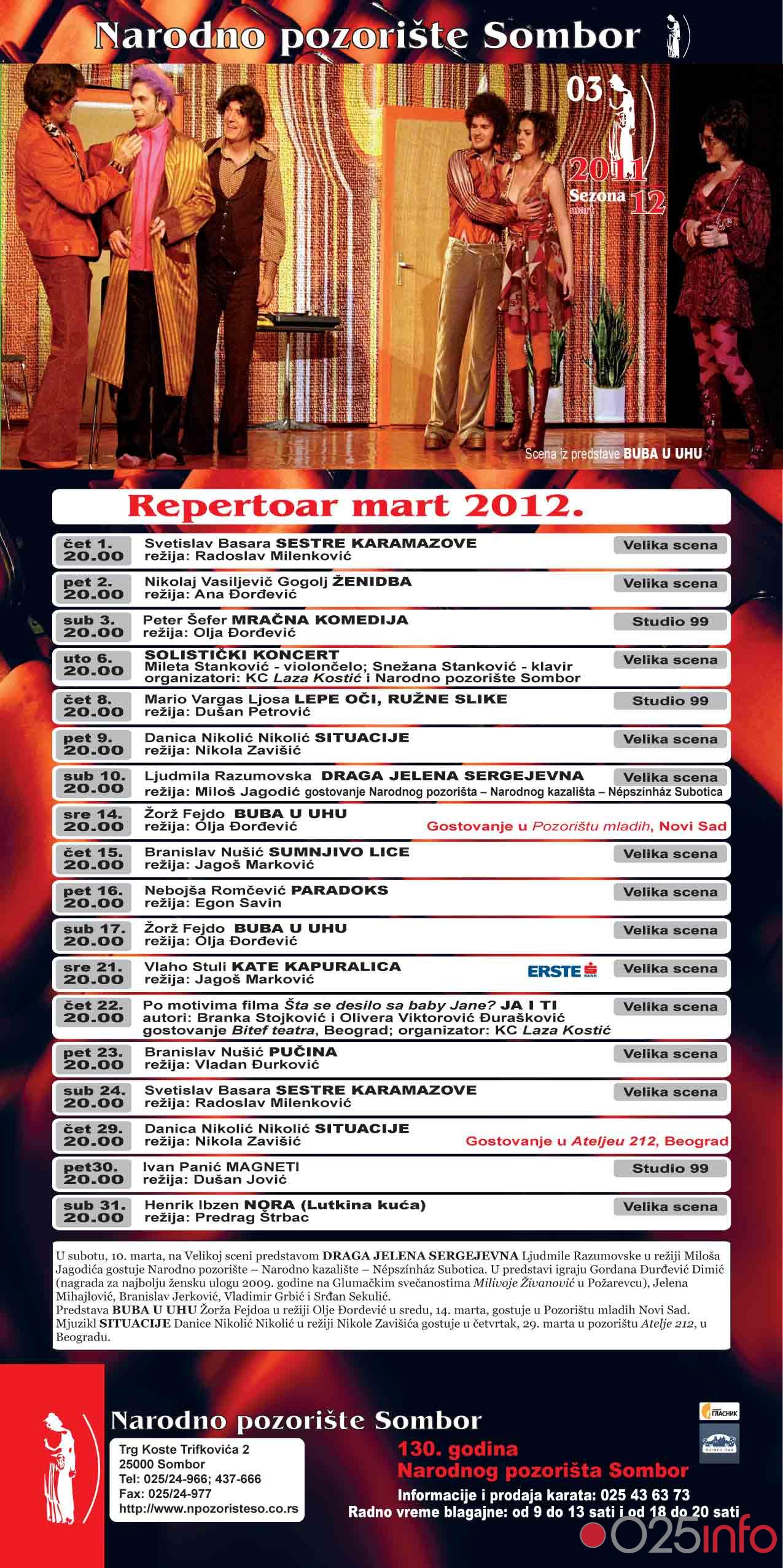 Repertoar za mart 2012. - Narodno Pozorište Sombor