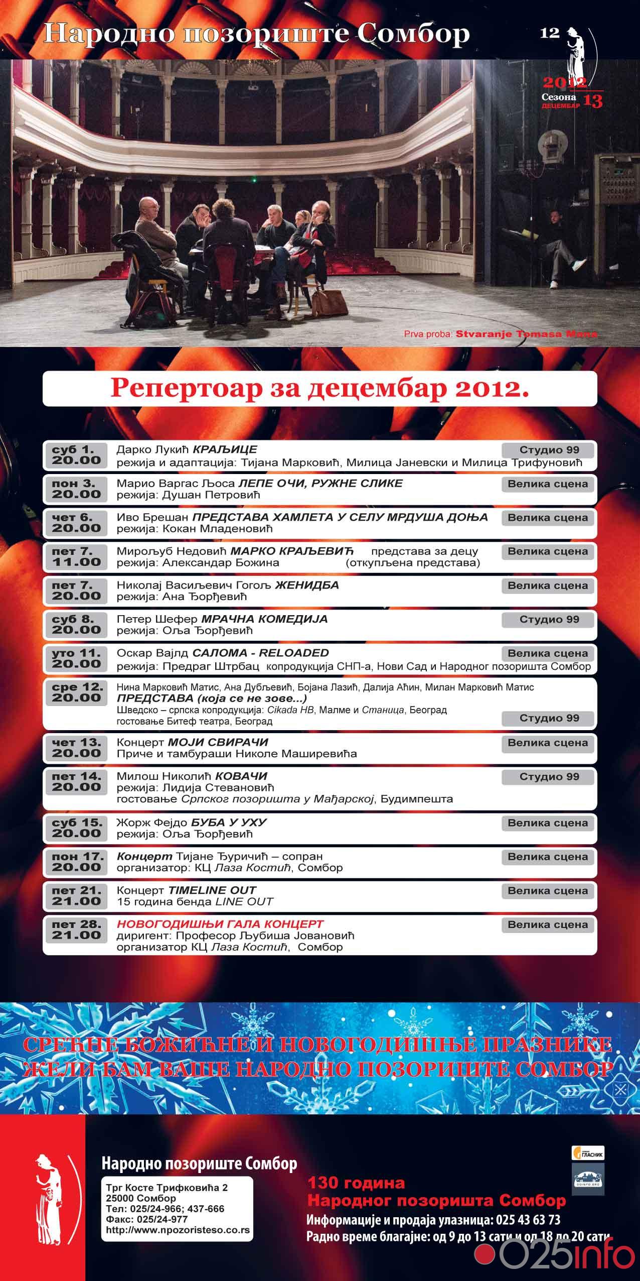 Repertoar Somborskog narodnog pozorišta za Decembar